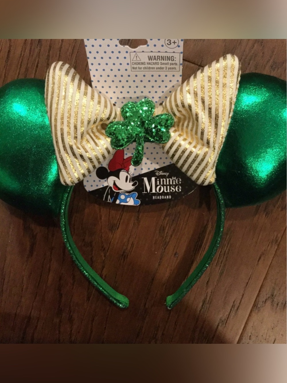 Disney Minnie Mouse Green Shamrock Ear Headband with Gold Bow